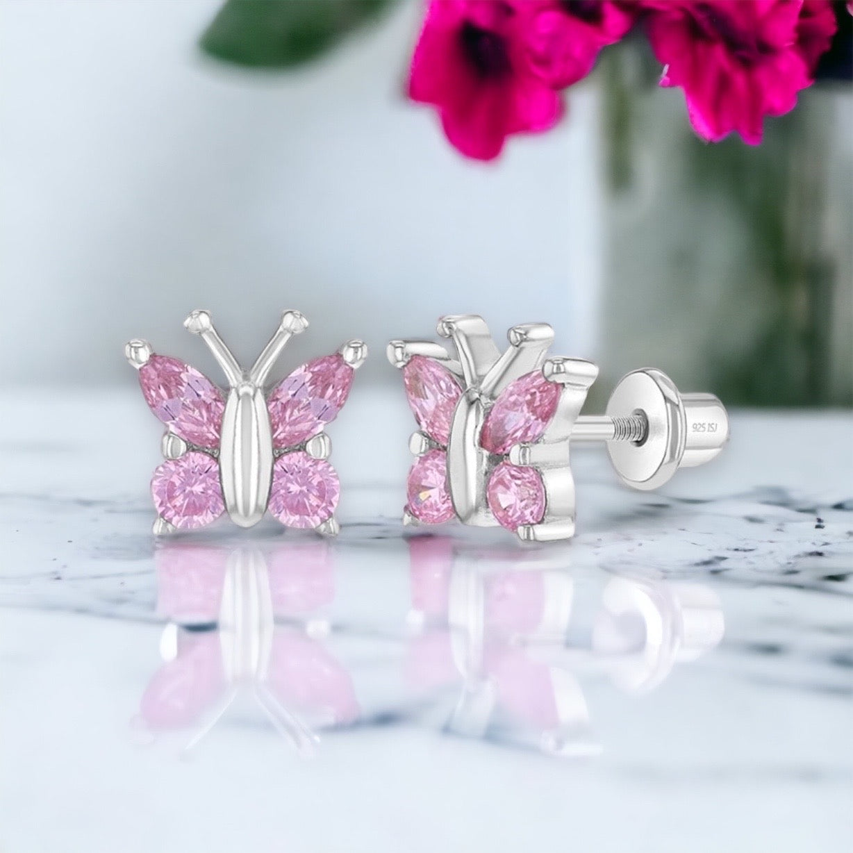 Dainty Butterfly Screw Back Earrings Pink
