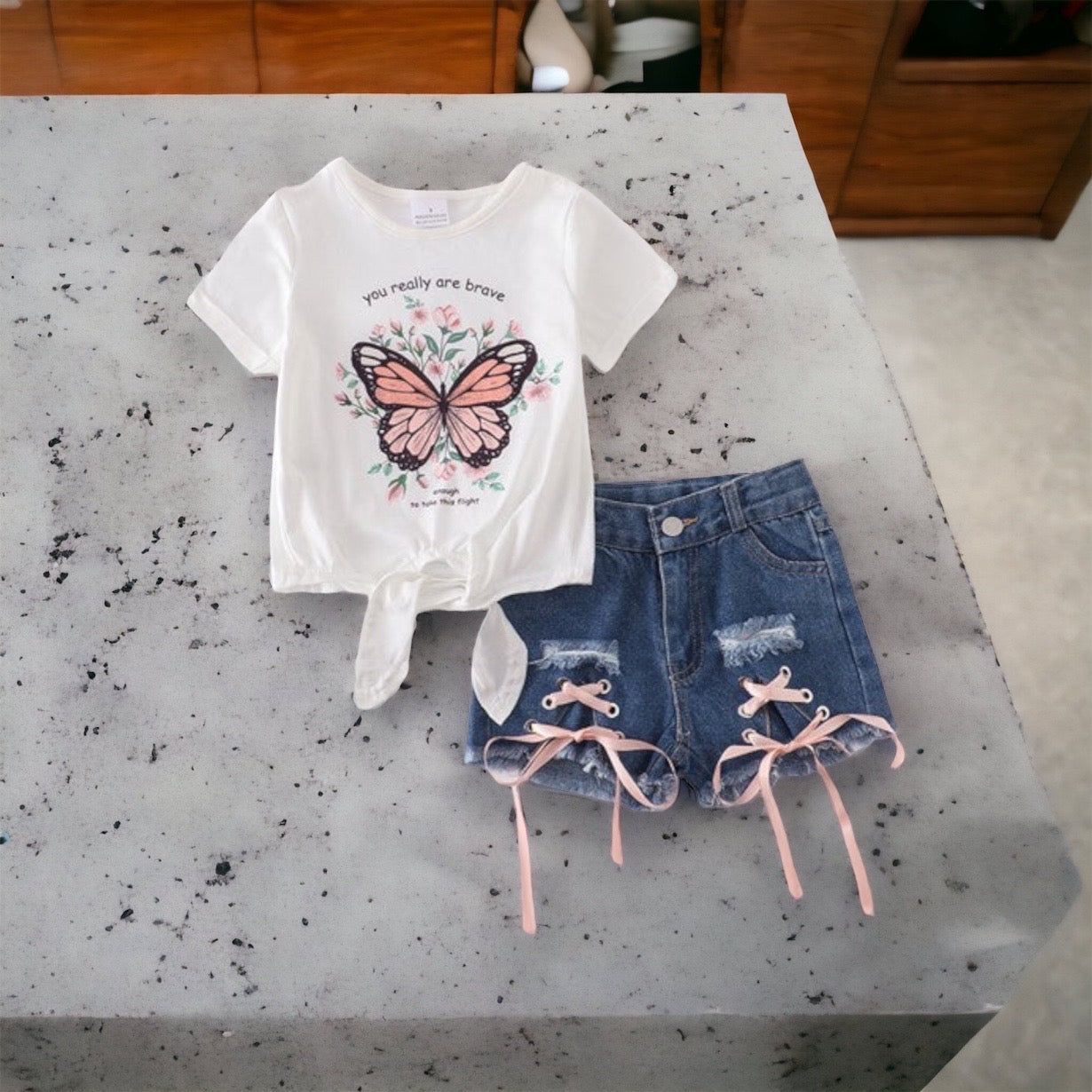 Butterfly Tie Denim Shorts Set