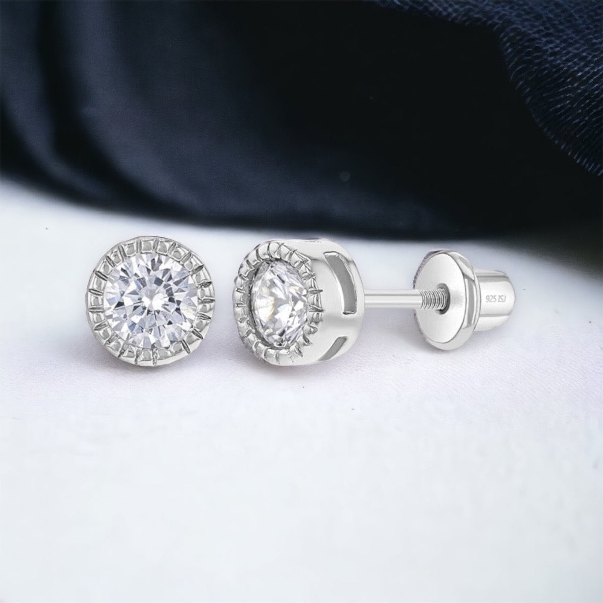 Bezel Round CZ 5mm Baby Toddler Earrings w/ Screw Back