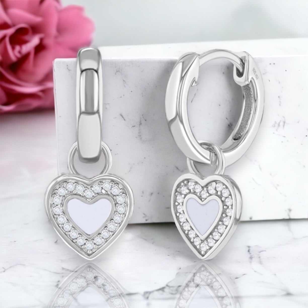 Enamel Heart Drop Hoop Earrings