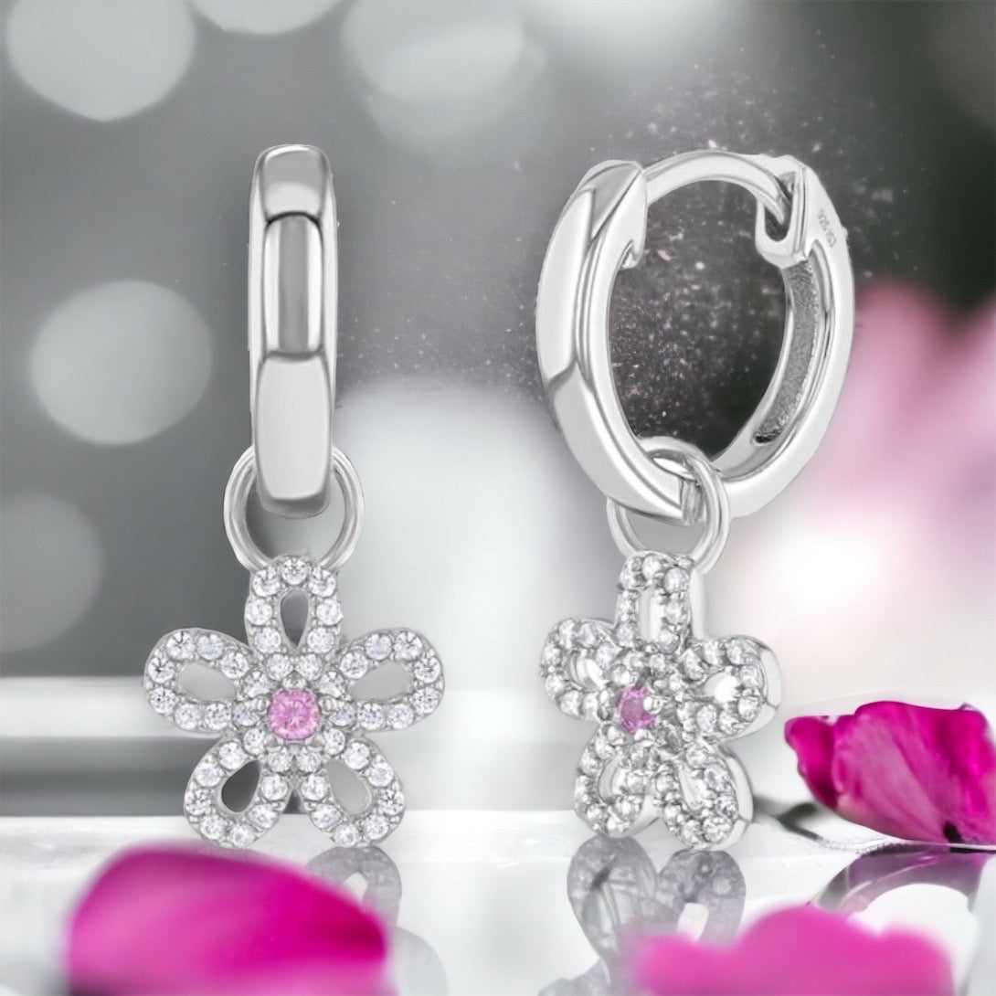 CZ Flower Dangle 9mm Girl Hoop Earrings