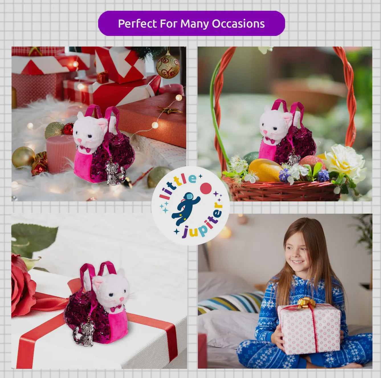 Little Juniper Pet Plush Set with Bag White Kitten (White & Hot Pink Bag)