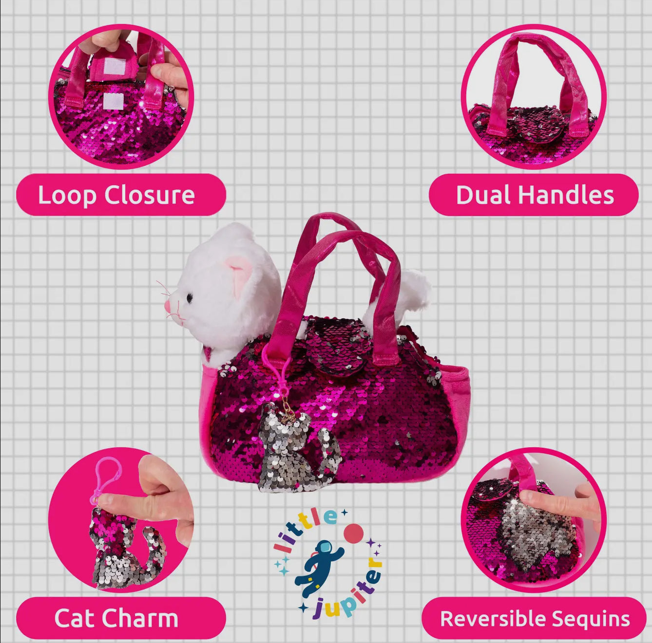 Little Juniper Pet Plush Set with Bag White Kitten (White & Hot Pink Bag)