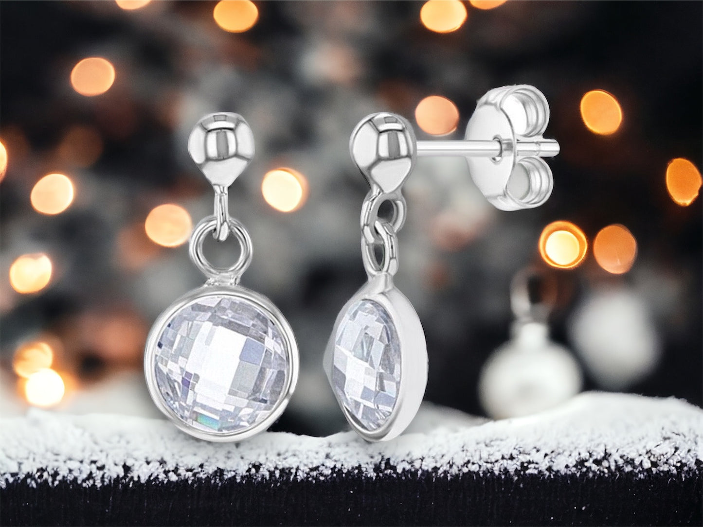 Sterling Silver Clear Round Dangle Earrings