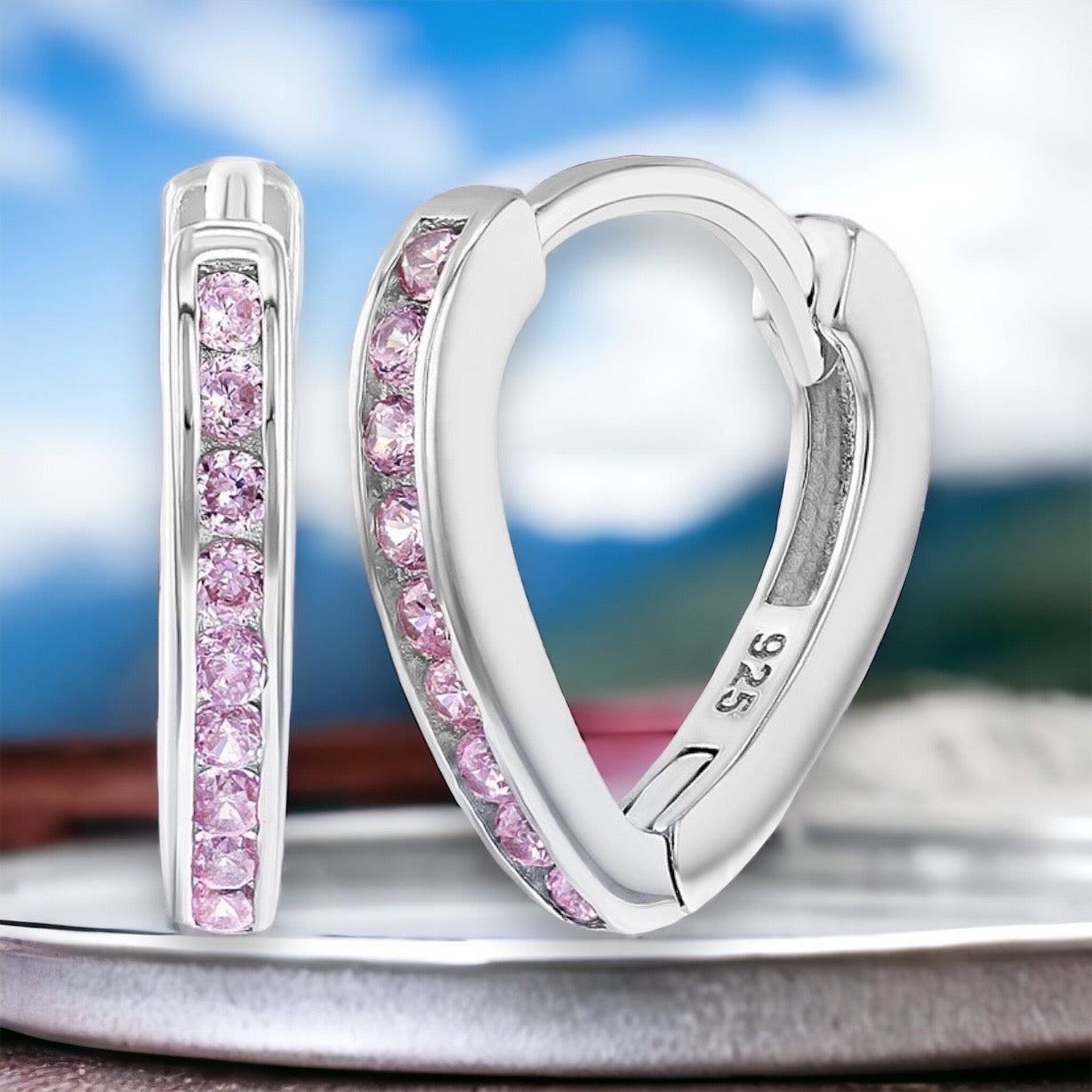 Pink CZ Small Long Hoop Earrings