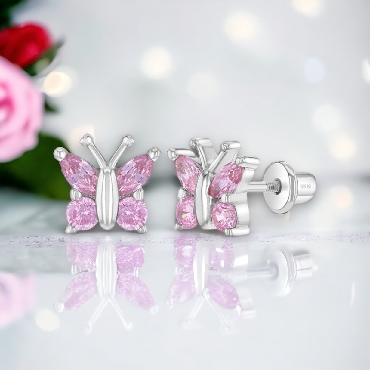 Dainty Butterfly Screw Back Earrings Pink