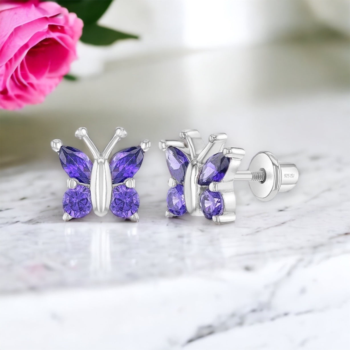 Dainty Butterfly Screw Back Earrings Purple