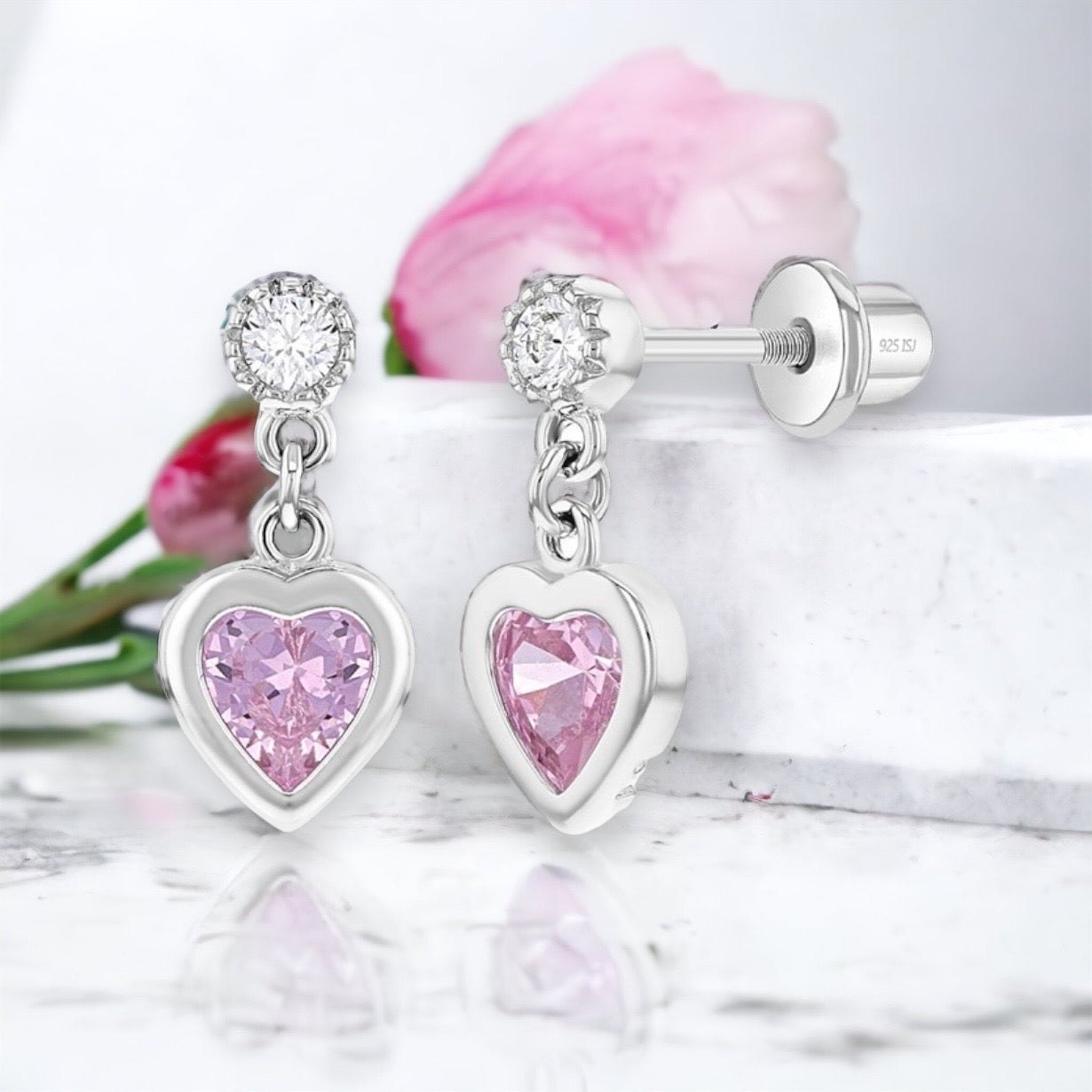 Dangle Heart Screw Back Girls Earrings