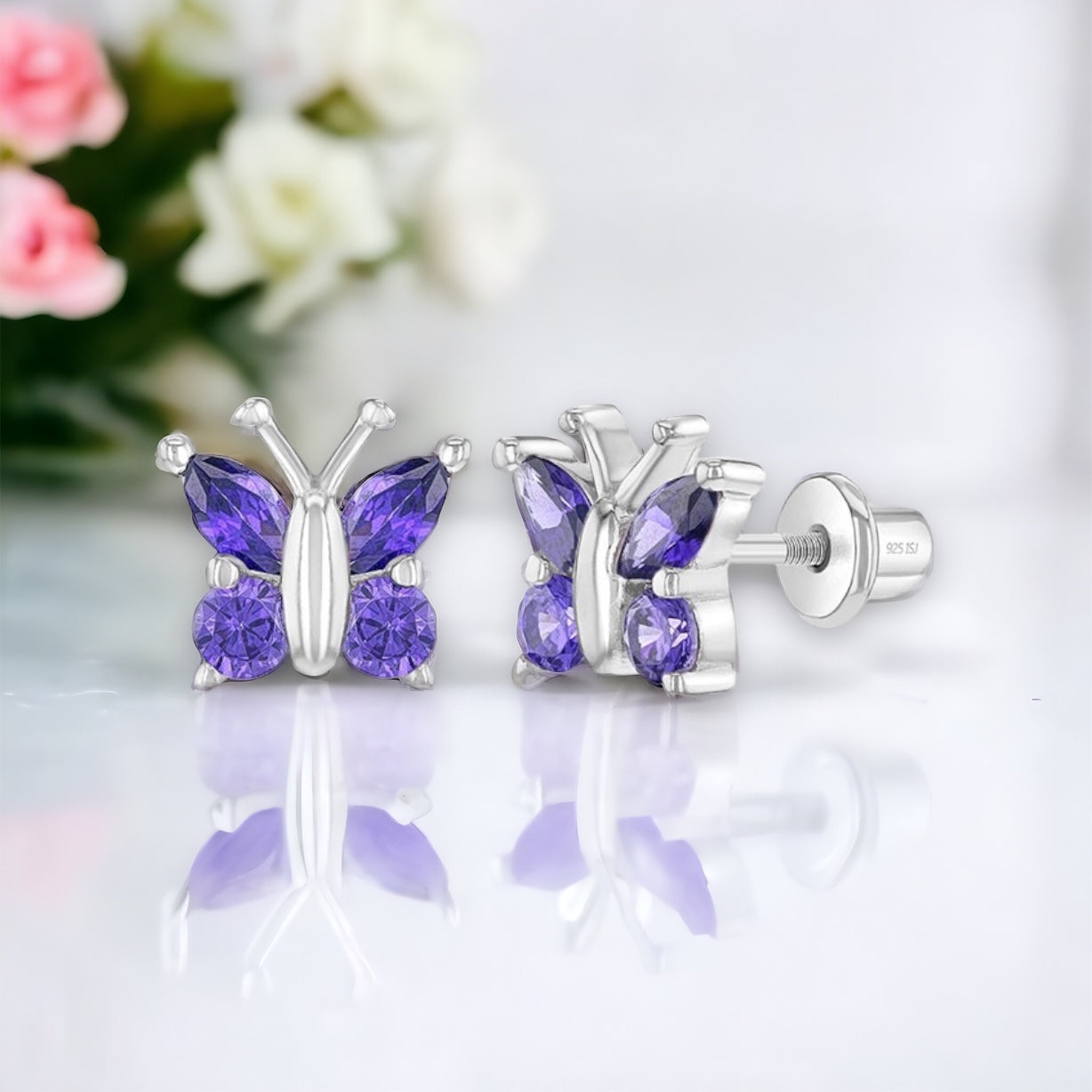 Dainty Butterfly Screw Back Earrings Purple