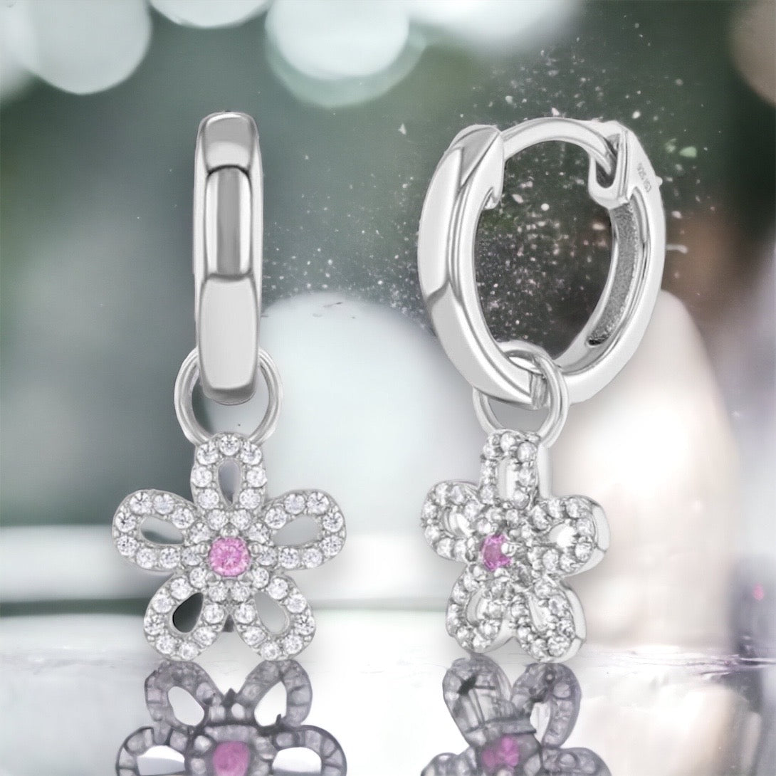 CZ Flower Dangle 9mm Girl Hoop Earrings