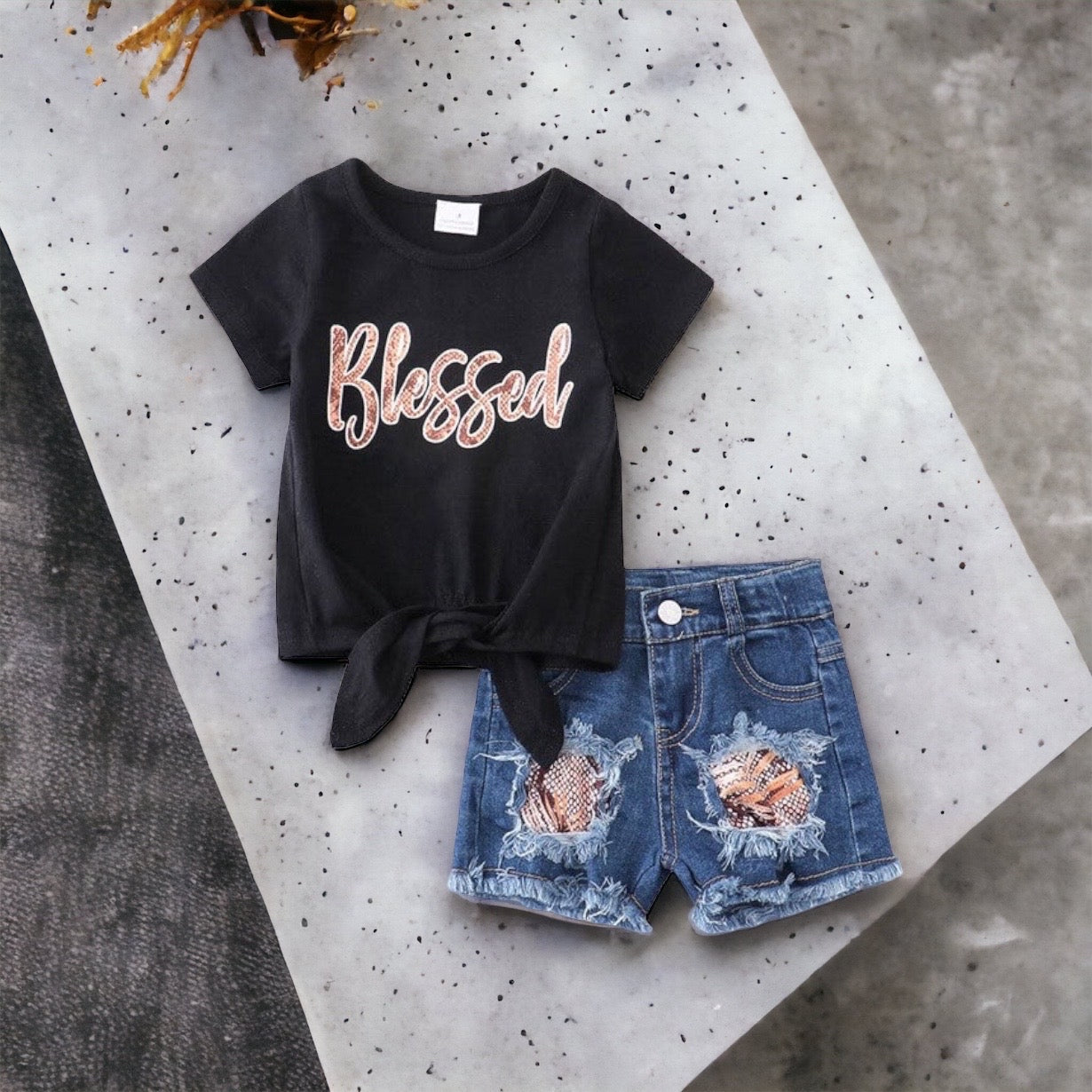 Blessed Tie Front Denim Short Set