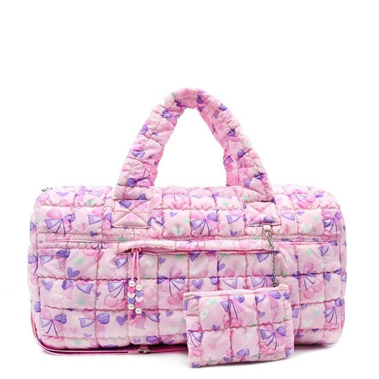 Quilted Scrunchies Cherry Bow Printed Large Duffle Bag with Coin Purse