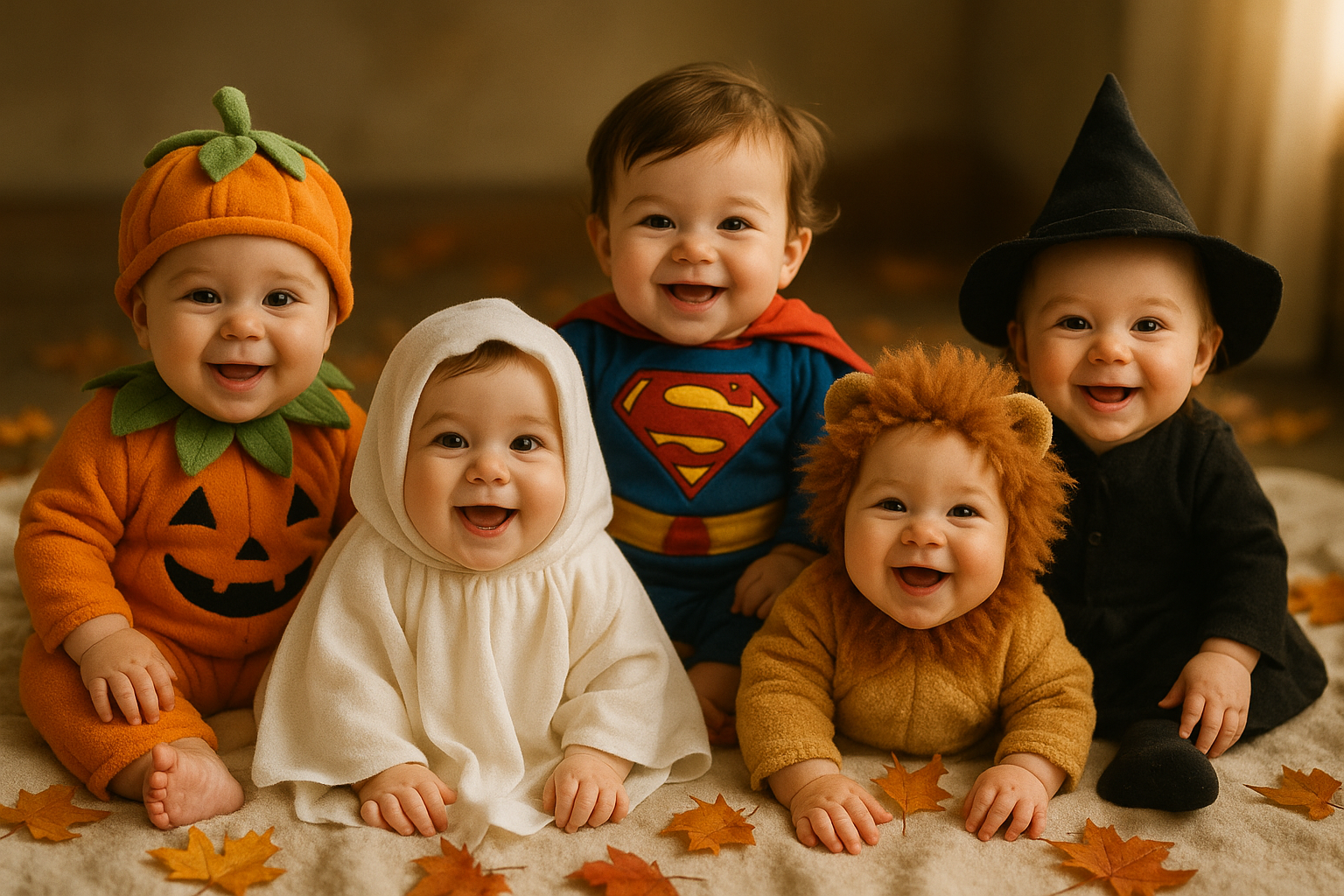 mixture of babies in halloween costumes