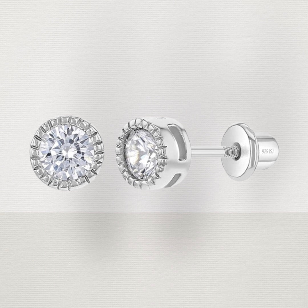 Bezel Round CZ 5mm Baby Toddler Earrings w/ Screw Back