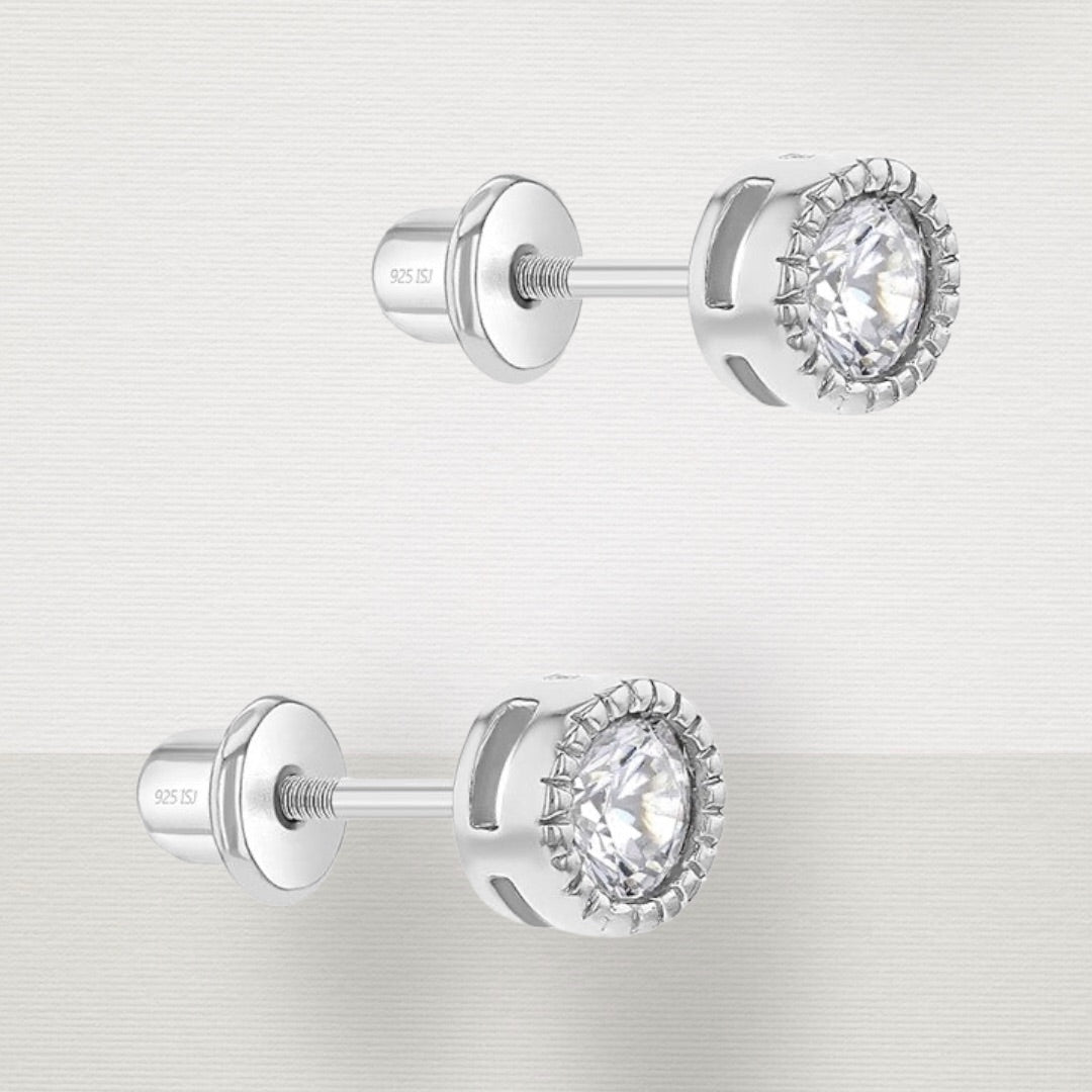 Bezel Round CZ 5mm Baby Toddler Earrings w/ Screw Back