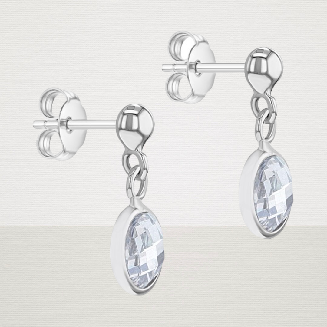 Sterling Silver Clear Round Dangle Earrings