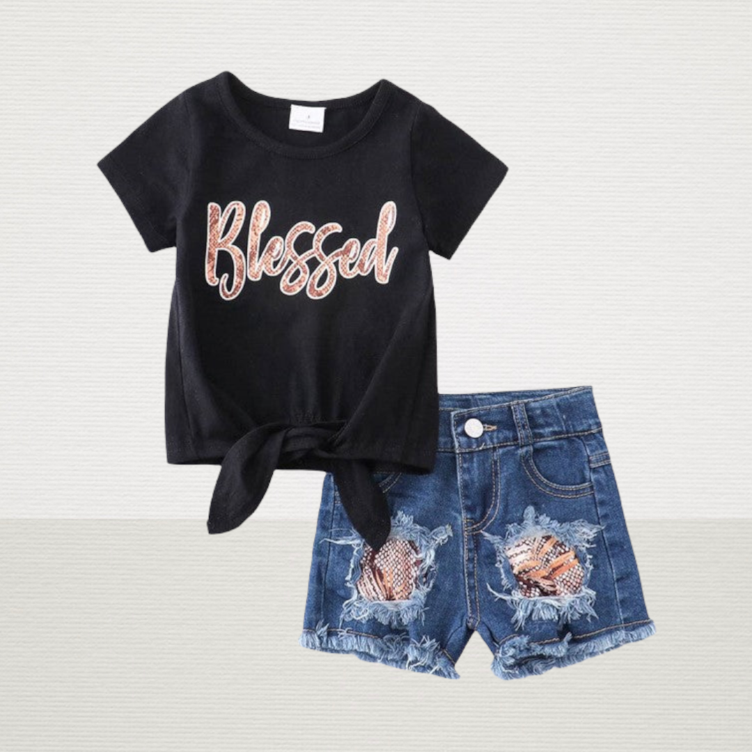 Blessed Tie Front Denim Short Set