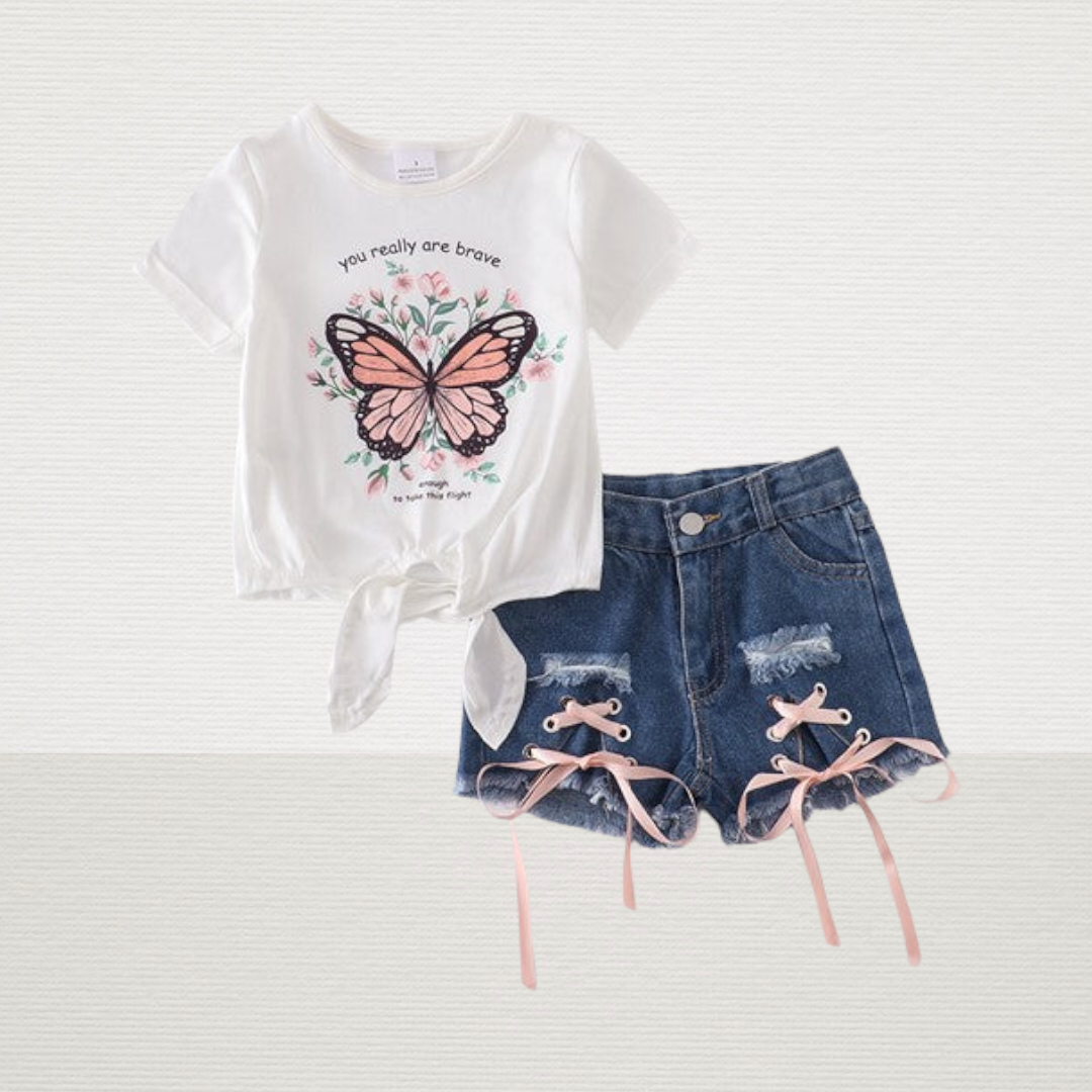Butterfly Tie Denim Shorts Set