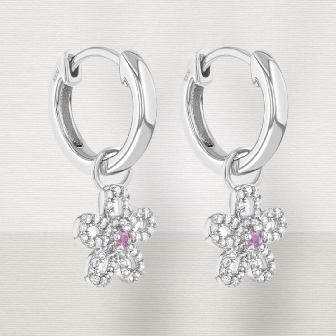 CZ Flower Dangle 9mm Girl Hoop Earrings