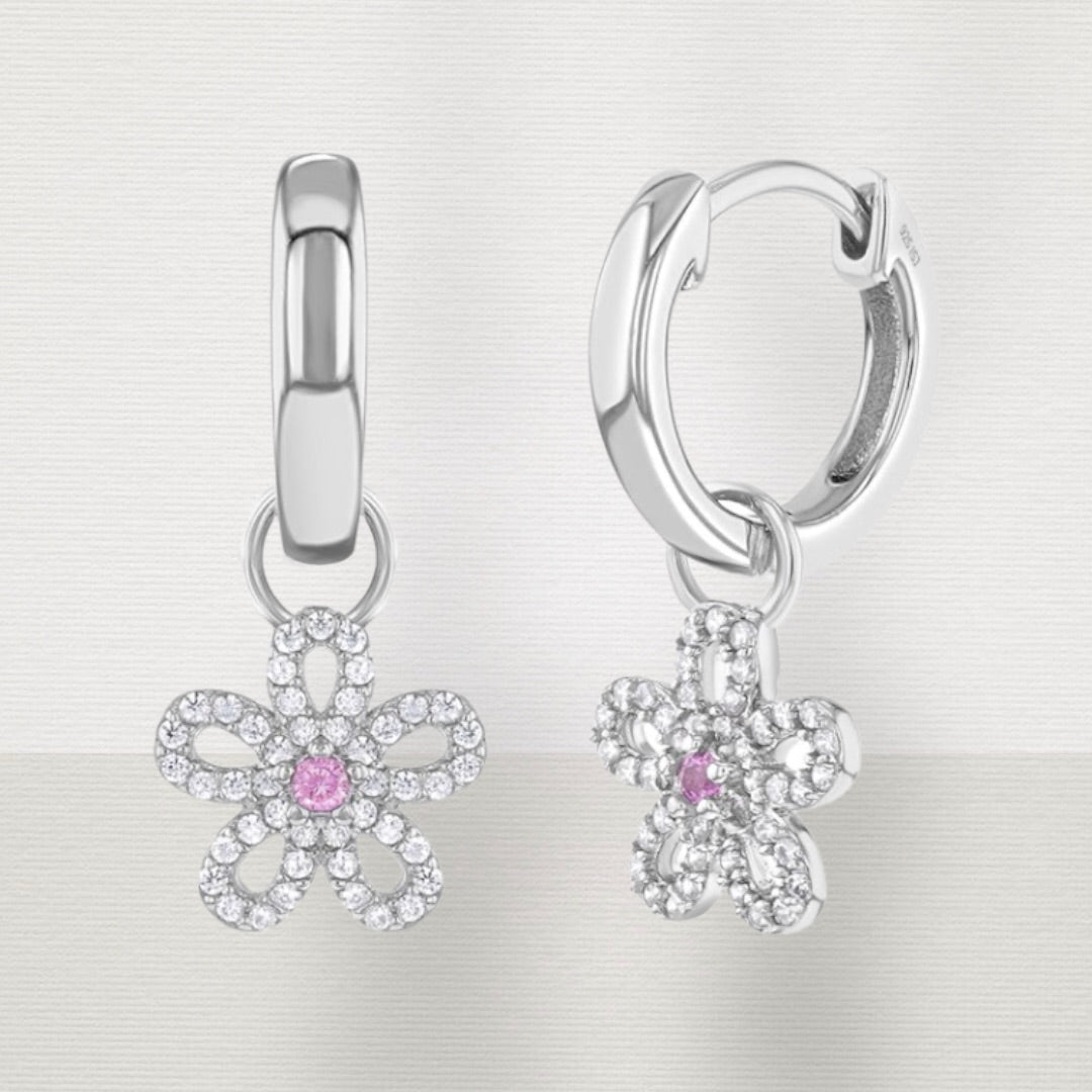 CZ Flower Dangle 9mm Girl Hoop Earrings