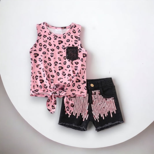 Pink Leopard Denim Short Set