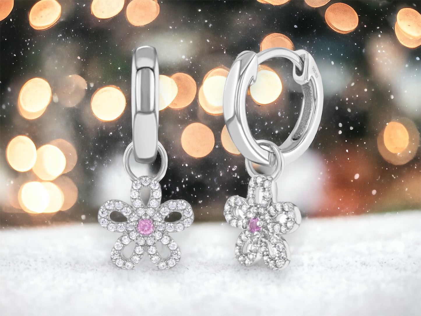 CZ Flower Dangle 9mm Girl Hoop Earrings