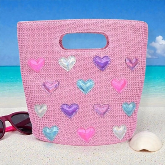 Heart-Patched Pink Straw Top-Handle Mini Tote Bag