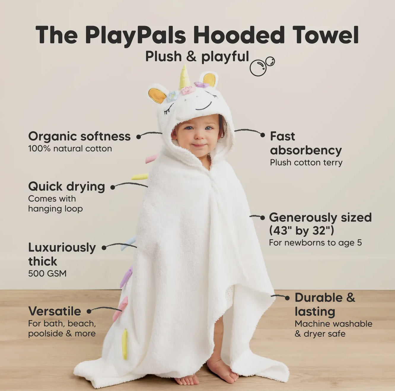 Playpals Hooded Towel for Newborn Unicorn
