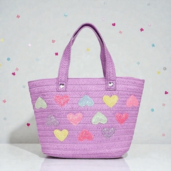 Heart-Patched Purple Straw Tote Bag