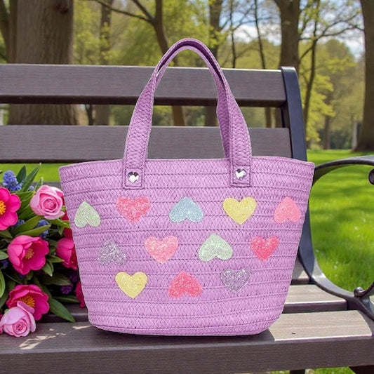 Heart-Patched Purple Straw Tote Bag