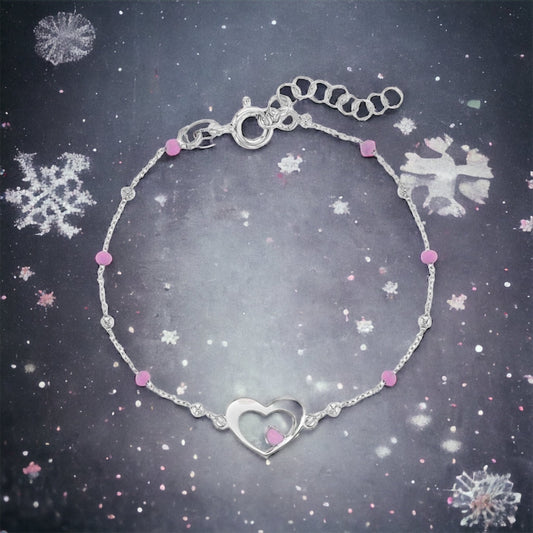 Pink Enamel Beads Thin Heart Bracelet