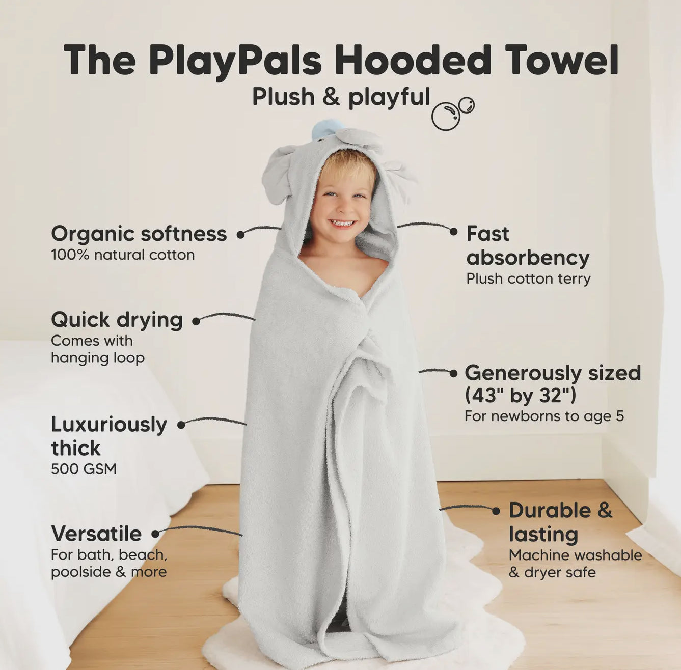 Playpals Hooded Towel for Newborn Boy Elephant