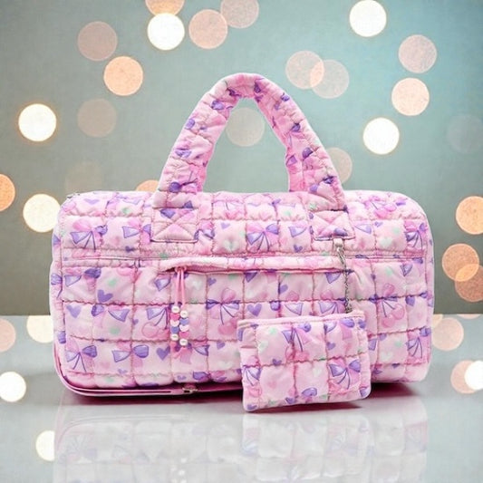 Quilted Scrunchies Cherry Bow Printed Large Duffle Bag with Coin Purse