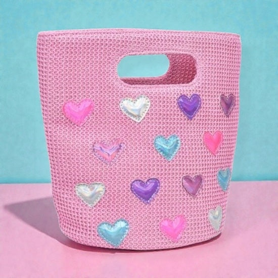 Heart-Patched Pink Straw Top-Handle Mini Tote Bag