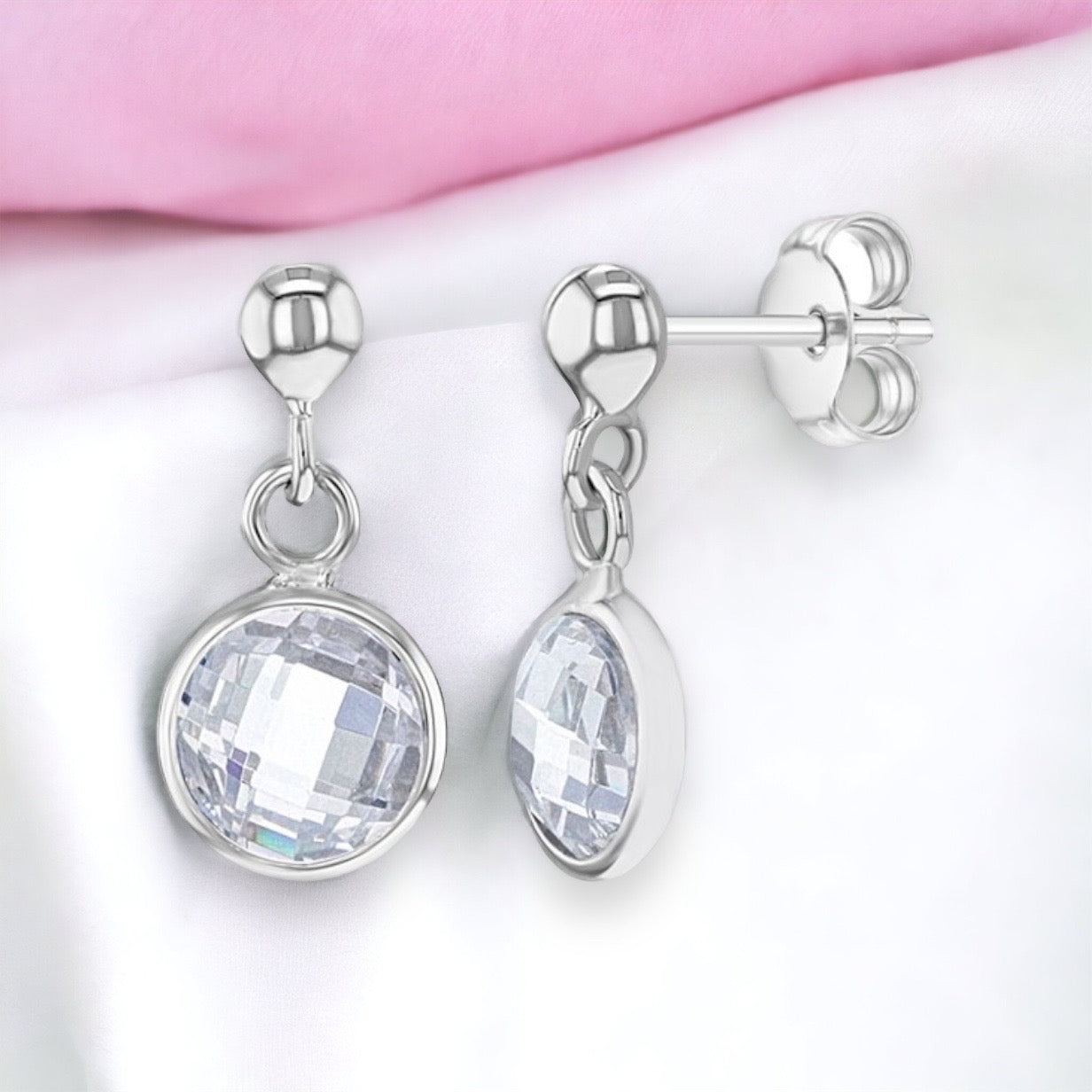 Sterling Silver Clear Round Dangle Earrings