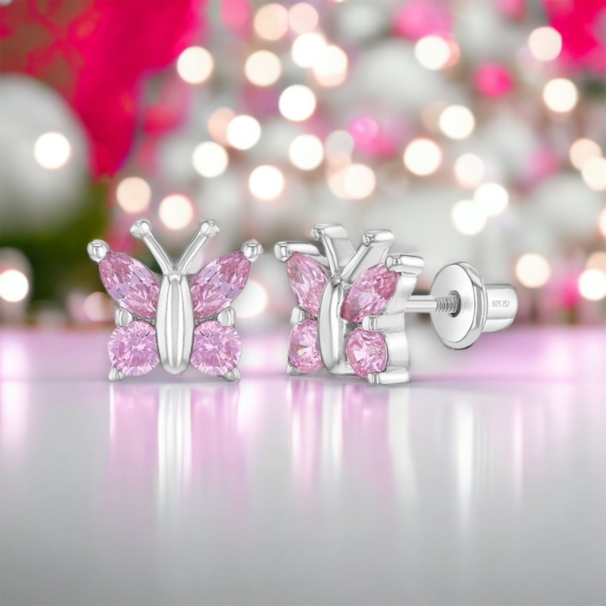 Dainty Butterfly Screw Back Earrings Pink