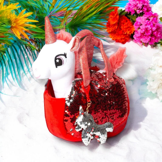 Little Juniper Pet Plush Unicorn with Bag (Red & White)