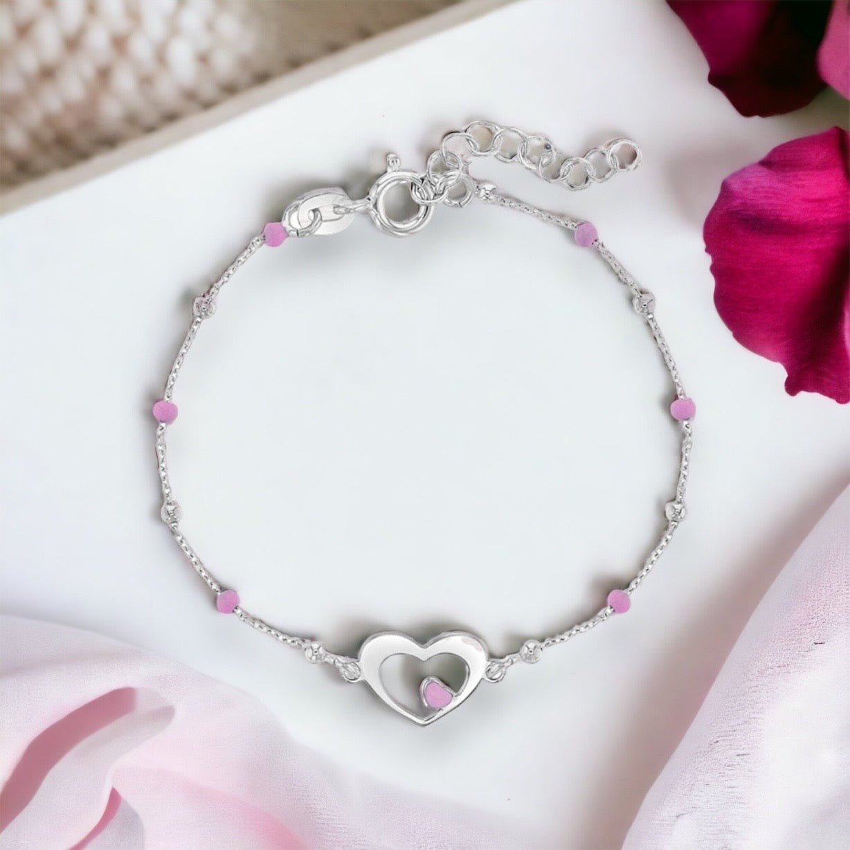 Pink Enamel Beads Thin Heart Bracelet