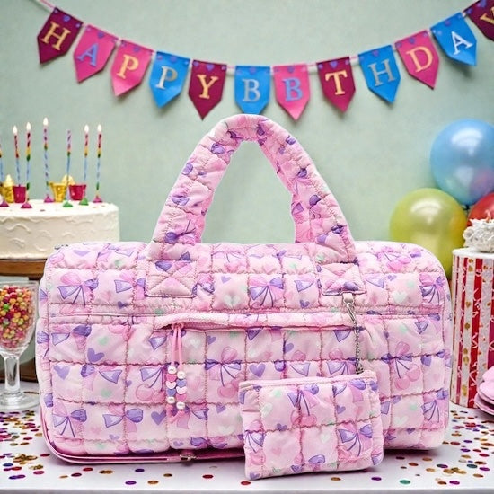 Quilted Scrunchies Cherry Bow Printed Large Duffle Bag with Coin Purse