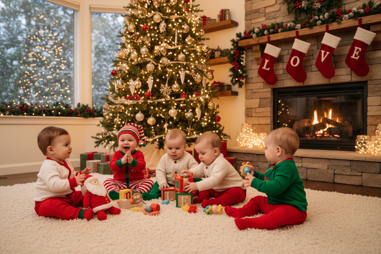 babies playing in living room with christmas background