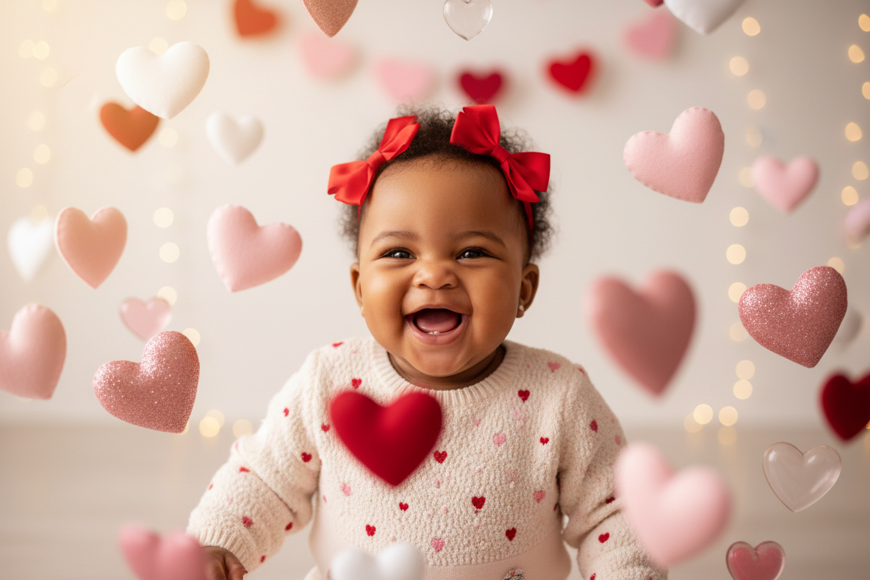 black baby girl surrounded by valentine hearts