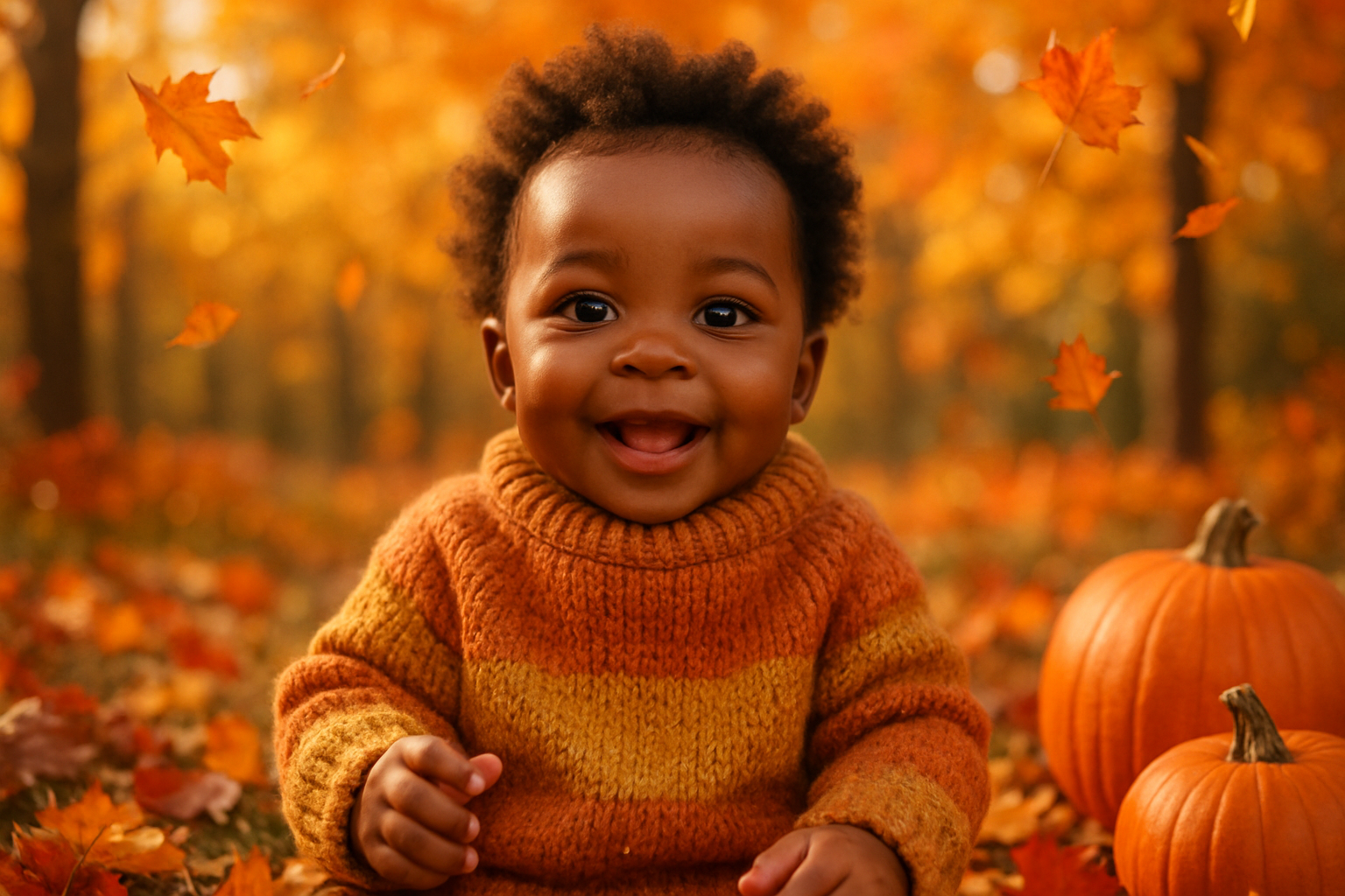 playful baby black girl in fall background